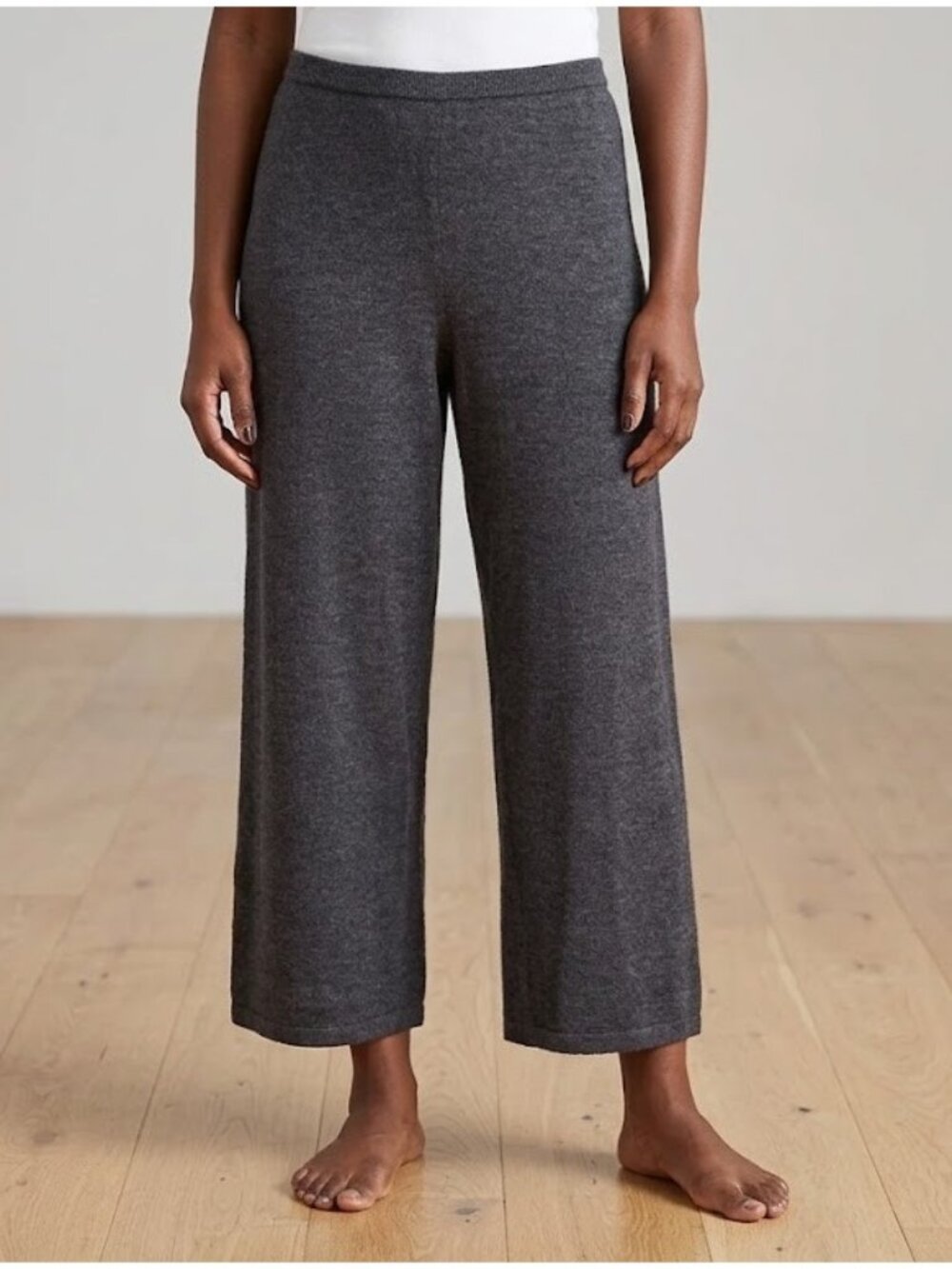 NWT Eileen Fisher Cropped in Charcoal Merino Jersey Wool Knit Sweater Pants M